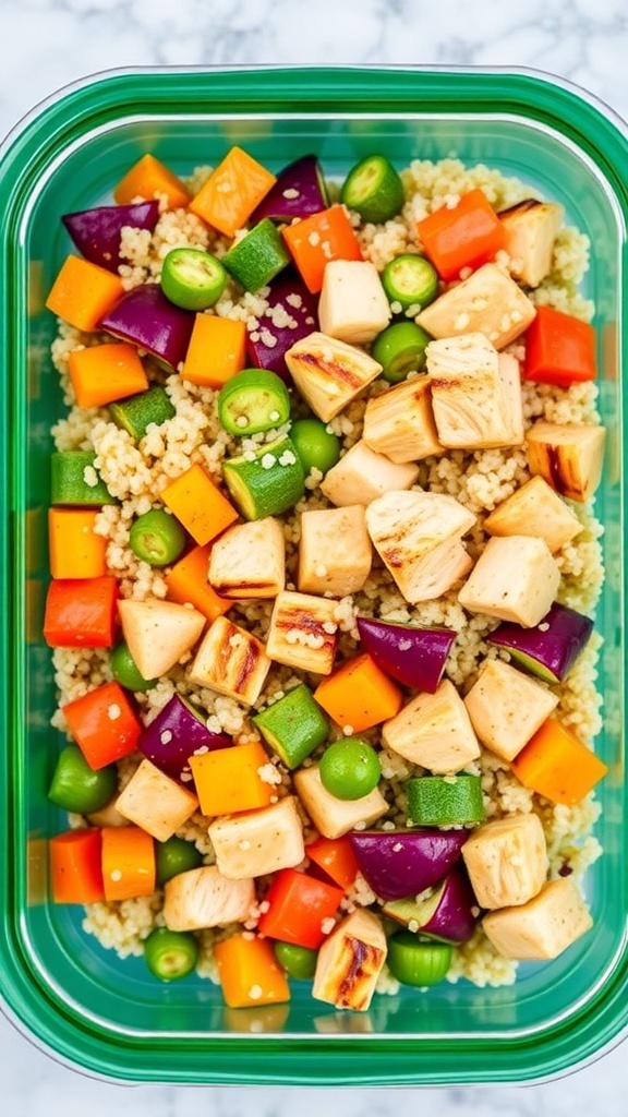 A meal prep container with quinoa, grilled chicken, and mixed vegetables, showcasing a healthy and colorful meal.
